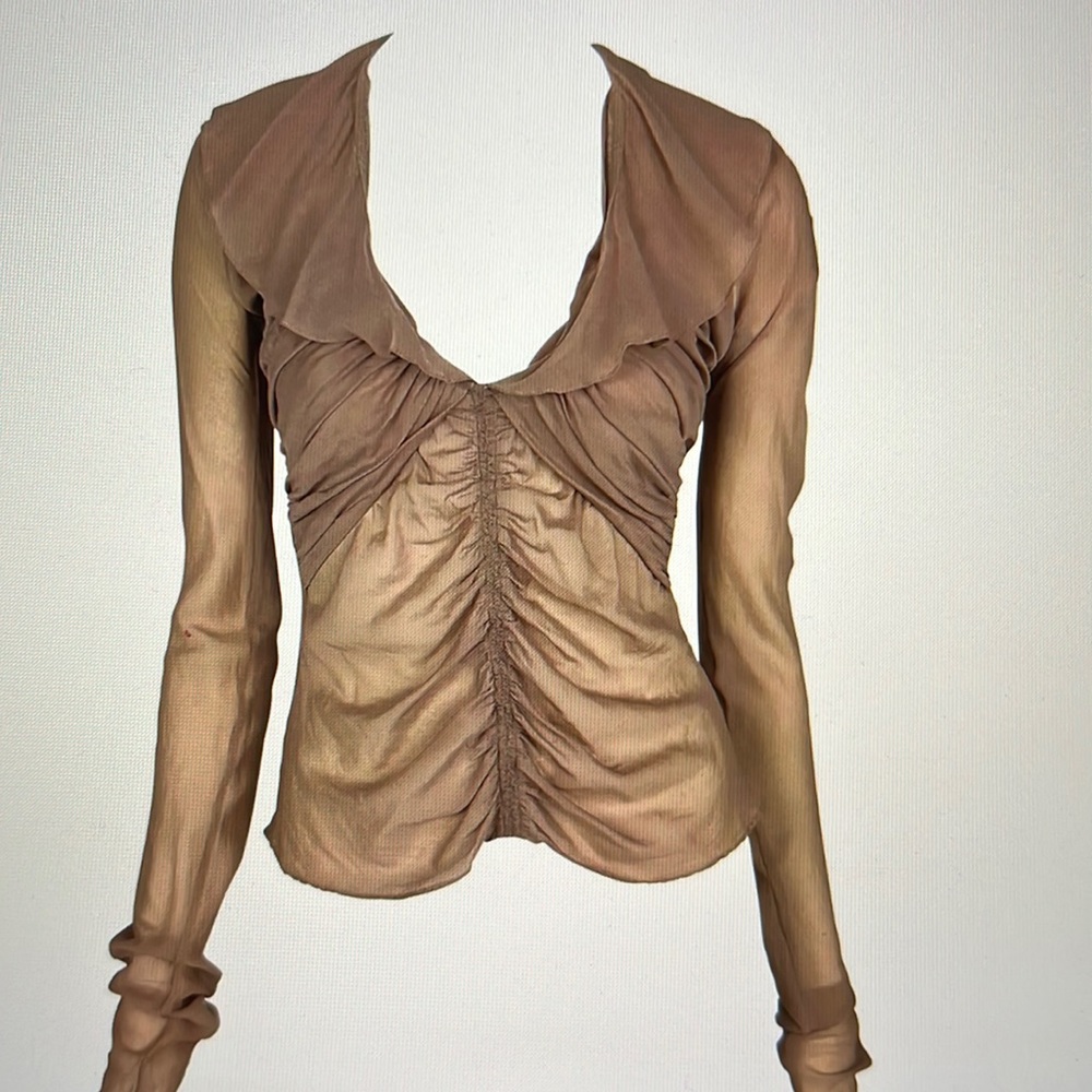 42 Gucci, Tom Ford beige, sheer long sleeve, runway blouse has a small tear